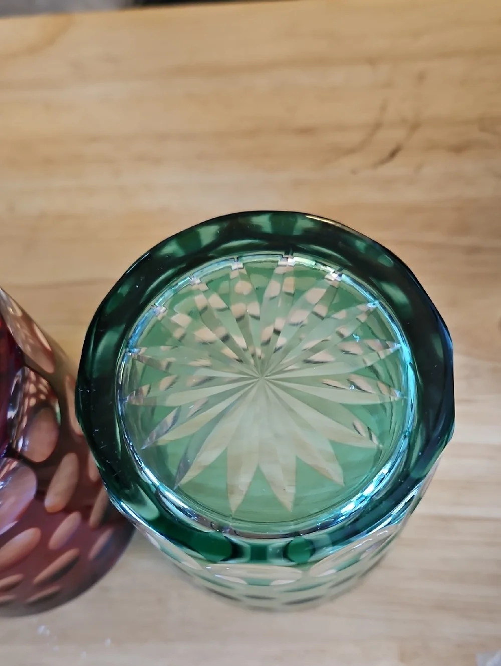 Vintage Cut Crystal Polka Dot Tumbler - Ruby Red and Green Glass Pair